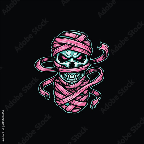 Mummy skull character with pink bandages