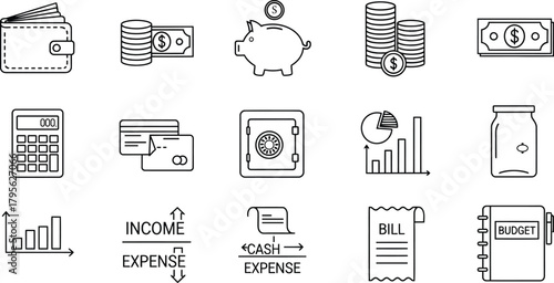 Budget and Finance Line Icon Set – Money, Savings, Expense, Wallet, Calculator, Piggy Bank, Charts – Black Outline Vector