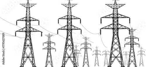 High voltage transmission towers with electricity pylons, overhead power lines, energy distribution infrastructure, vector illustration for electrical grid system, engineering design stock content