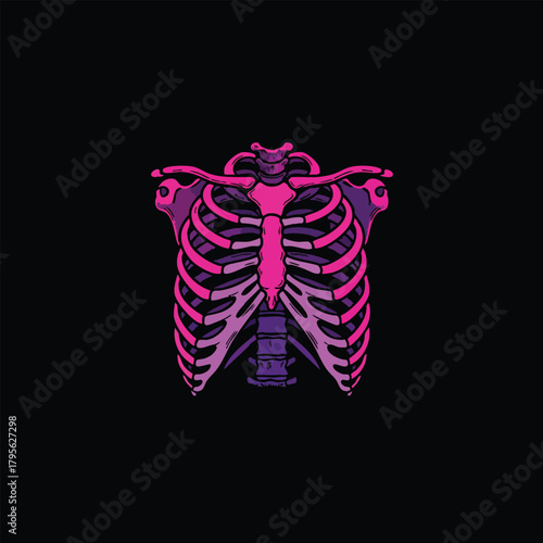 Pink and purple human rib cage on black background illustration