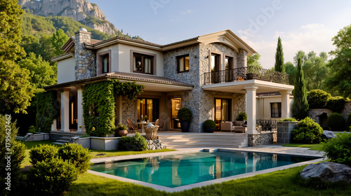 A luxurious two-story house with a pool and a mountain backdrop
