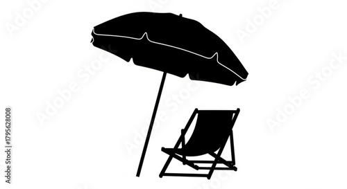 Silhouette of a beach umbrella and chair offering shade and relaxation on a sunny day at the beach
