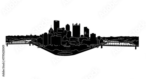 Silhouette of pittsburgh cityscape with bridges and skyscrapers against a white background view in detail