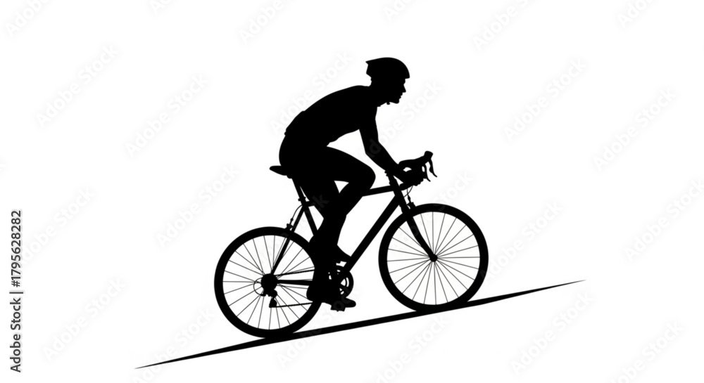 Fototapeta premium Silhouette of a cyclist riding a bicycle uphill on a white background in a simple black and white image