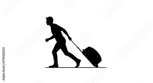 Silhouette of a man running and pulling a wheeled suitcase on a white background in a simple illustration