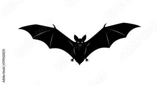 A silhouette of a bat with its wings spread wide against a white background in a simple vector style