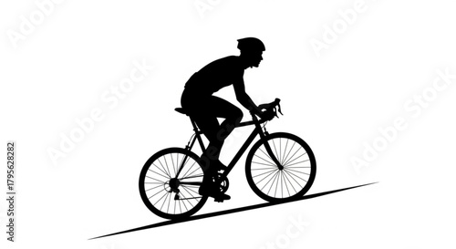Silhouette of a cyclist riding a bicycle uphill on a white background in a simple black and white image