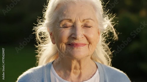 A senior woman with white hair smiles serenely with closed eyes in warm sunlight outdoors.