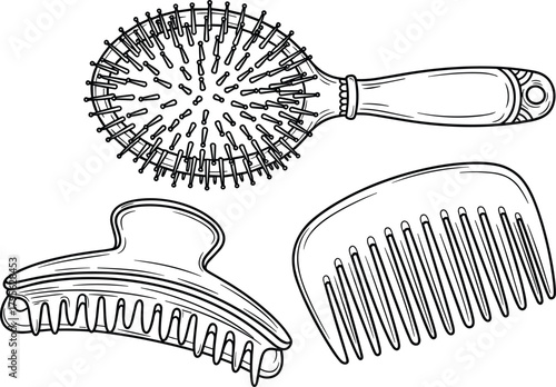 Hair grooming tools illustration with round brush, wide-toothed comb, and hair clip, black and white vector art for beauty, salon, and styling content