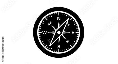 A black and white compass with cardinal directions and a needle pointing north for navigation use case