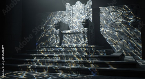 Eerie Throne Room with Water Reflections and Dramatic Lighting.