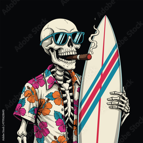 Skeleton surfer with cigar and surfboard cool tropical vibes
