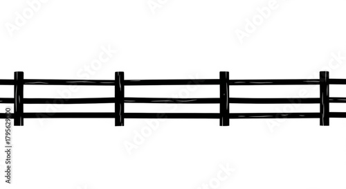 A simple black and white illustration of a rustic wooden fence with three horizontal planks shown