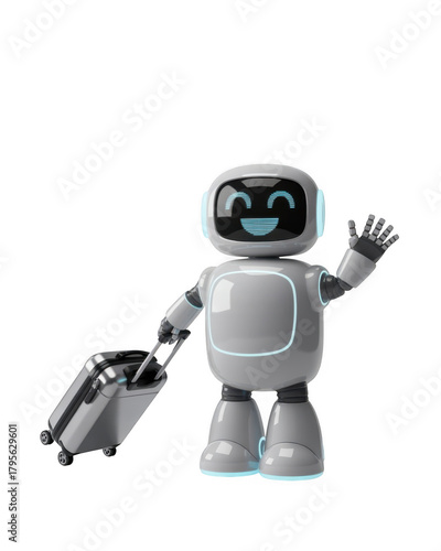 Friendly robot character waving with a suitcase ready for travel isolated on transparent background
