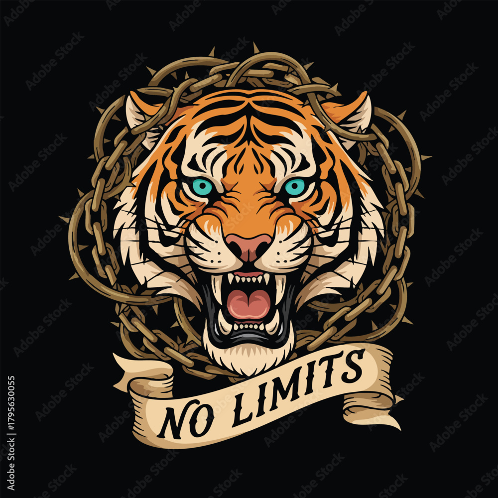 Obraz premium Fierce Tiger Roaring Surrounded by Chains and Thorns