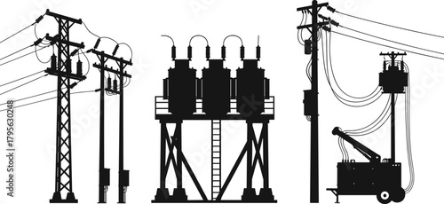 Silhouette electrical substation with transformers, utility poles, insulators, mobile transformer unit
