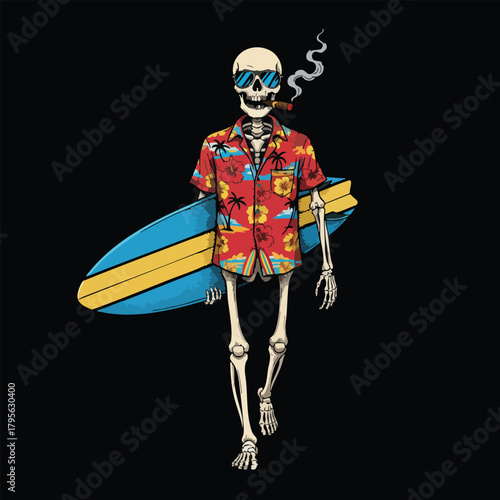Skeleton surfer with surfboard and cigar on black background