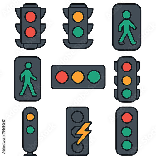 Traffic lights and pedestrian signals icon set with modern design