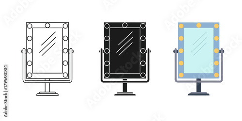 Vanity Mirror Vector Illustration in 3 Style, Line Art Silhouette and  Color Vector Applications in Black and White