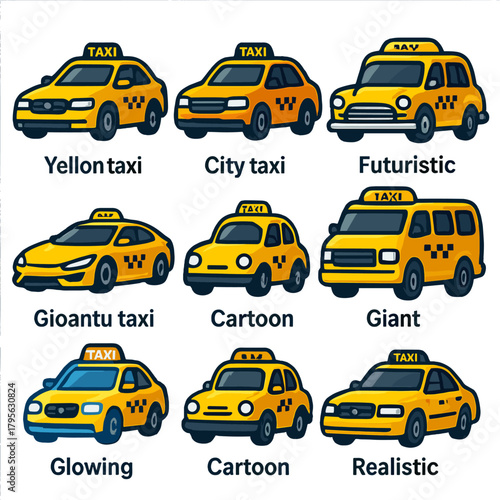 Diverse taxi icons illustrating various yellow cab designs