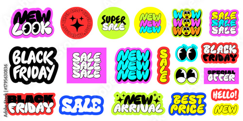 Cool Black Friday Stickers Set Vector Design. Trendy Sale Collage Pattern. Blackfriday Promo Banner.