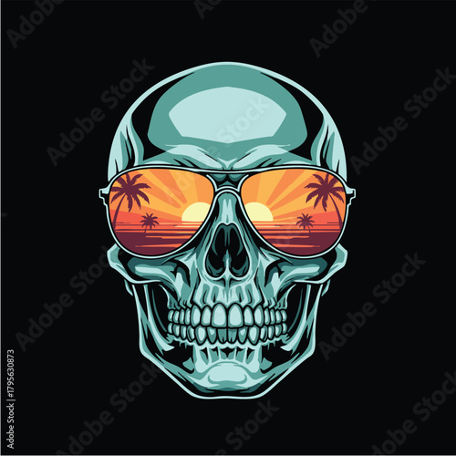 Skull wearing sunglasses with tropical sunset reflection