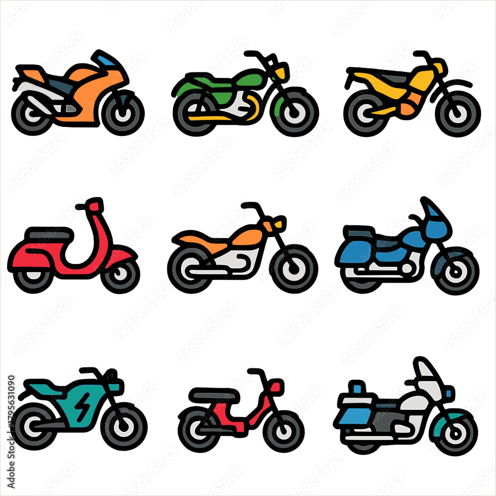 Obraz premium Colorful motorcycle icons set featuring nine unique designs on gradient background