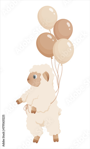 Little lamb with balloons . Illustratin in neutral pastel tones. Funny cartoon lamb for childrens design, baby shower decoration, nursery prints, and greeting cards.