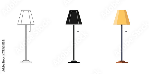 Minimalist Floor Lamp Vector Illustration in 3 Style, Line Art, Silhouette and  Color Vector for Interior Decoration Concepts
