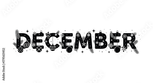 Festive december text with christmas ornaments and snowflakes for holiday season