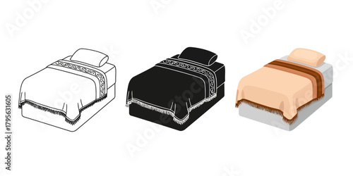 Elegant bed Vector Illustration in 3 Style, Line Art Silhouette and  Color Vector for bedroom decor