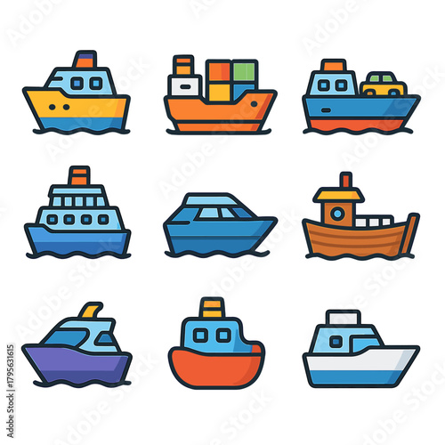 Vibrant nautical icons set featuring various boats and ships on dark background