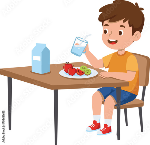 Happy boy eating healthy breakfast with fruits and milk, balanced nutrition for kids, healthy lifestyle, morning meal illustration