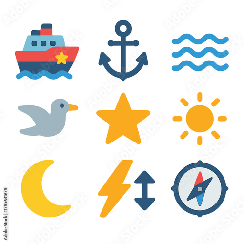 Nautical icons collection featuring boat, anchor, and compass