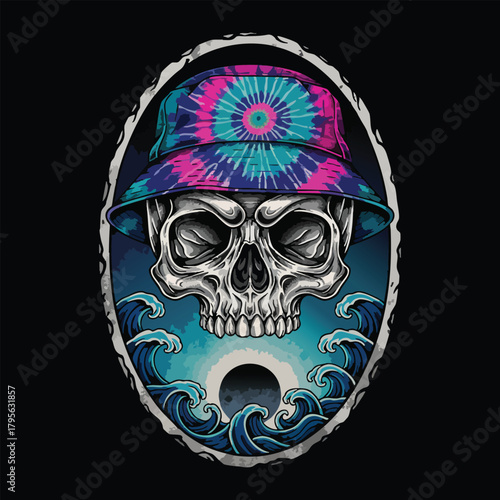 Skull with Tie Dye Bucket Hat and Ocean Waves