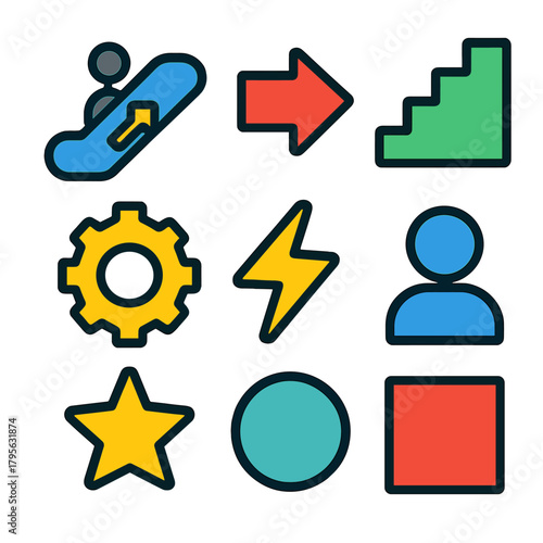 Colorful icon set showing diverse symbols and shapes