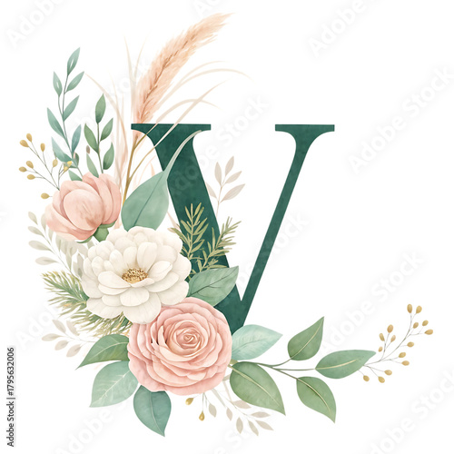 Elegant watercolor floral arrangement featuring soft pink and cream roses with pampas grass and eucalyptus leaves forming the letter v isolated on transparent background