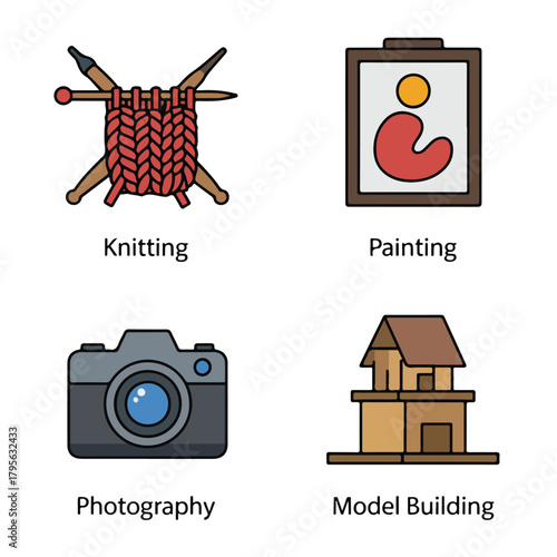Illustration of knitting, painting, photography, and model building isolated on
