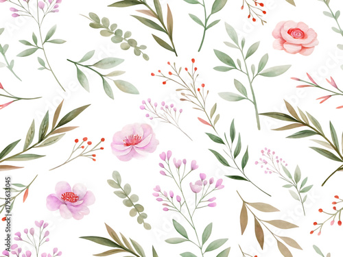 Delicate watercolor floral pattern with soft pink roses and green foliage scattered across a dark background isolated on transparent background