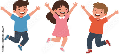 Happy cheerful children jumping together outdoors, joyful kids celebrating fun friendship, smiling boys and girl expressing excitement and happiness