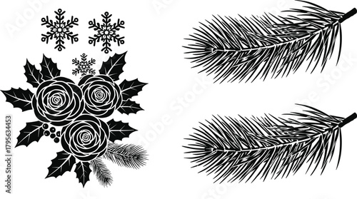 botanical, festive, holiday, rose, holly, berries, pine, snowflake, silhouette, vector, black, winter, decoration, nature, design