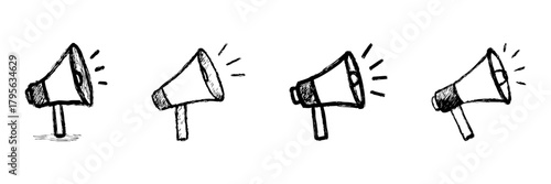 Megaphone Line Icon Set In Doodle Style. Communication, Announcement, And Public Speaking Outline Sketch Collection. Marketing And Promotion Tools. Hand Drawn Isolated Vector Illustration