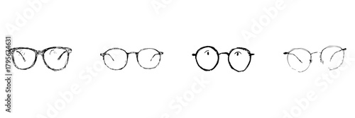 Four Eyeglasses Line Icon Set In Doodle Style. Vision Correction And Fashion Accessory Outline Sketch Collection. Optical Wear And Style Variations. Hand Drawn Isolated Vector Illustration