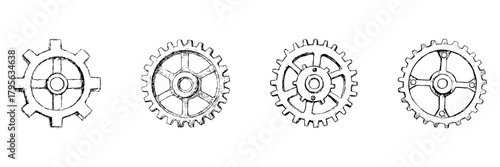 Four Gear Wheels Line Icon Set In Doodle Style. Mechanical Engineering, Industrial Machinery, And Automation Outline Sketch Collection. Hand Drawn Isolated Vector Illustration