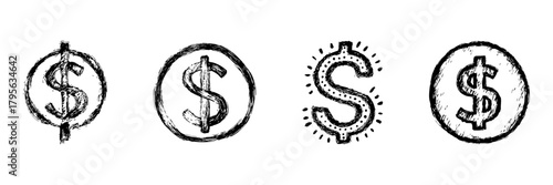 Dollar Sign Line Icon Set In Doodle Style. Financial Symbol, Currency, And Economic Representation Outline Sketch Collection. Hand Drawn Isolated Vector Illustration