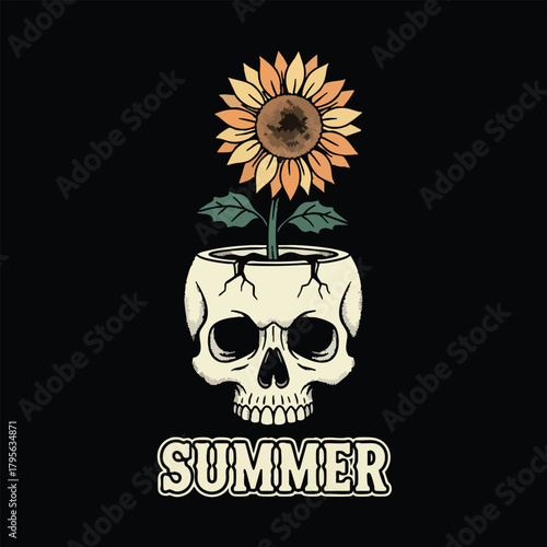 Sunflower growing from skull pot with summer text
