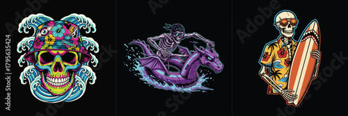 Stylized skeleton surfer with surfboard and skull with bucket hat on waves
