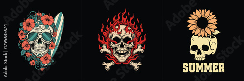 Skull with flowers and surfboard and flaming skull and sunflower skull summer design