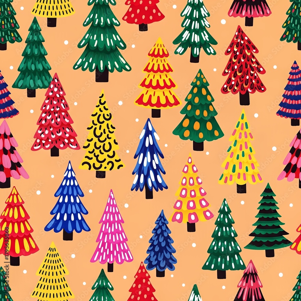 Obraz premium A vibrant and festive seamless pattern featuring numerous stylized Christmas trees in various bright colors on a light orange background with white dots.