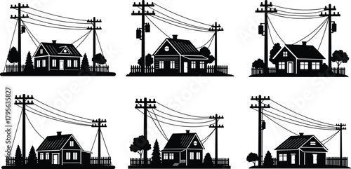 Silhouette suburban houses with utility poles, electrical power lines, transformers, insulators, trees